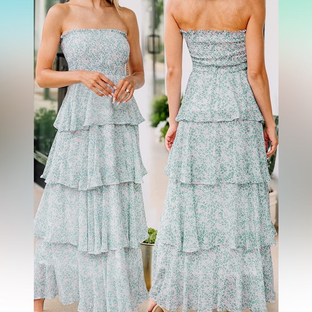 Flowy Strapless Tiered Floral Smocked Summer Dress